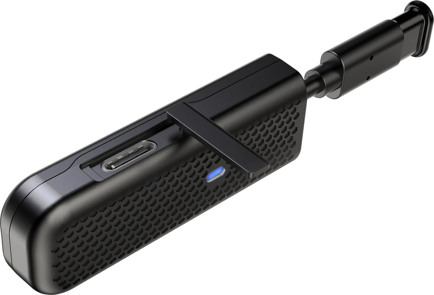 Dongle 400 外观，黑色蜂窝纹外壳，带固定卡扣与 Type-C 线缆