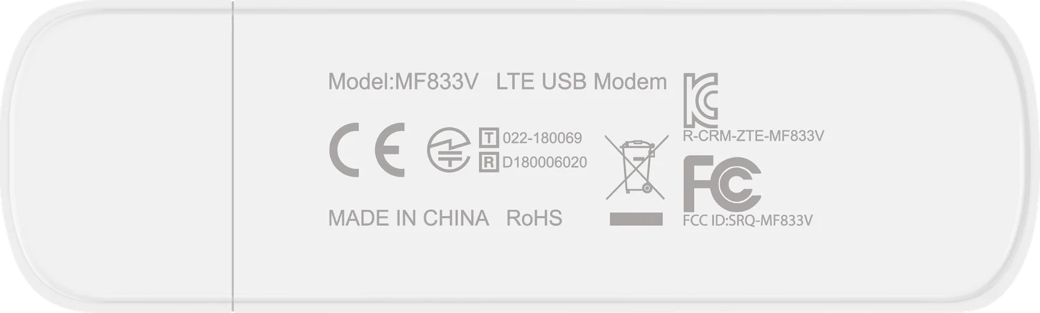 MF833V 背面，印有 CE、FCC、KC 等认证标识